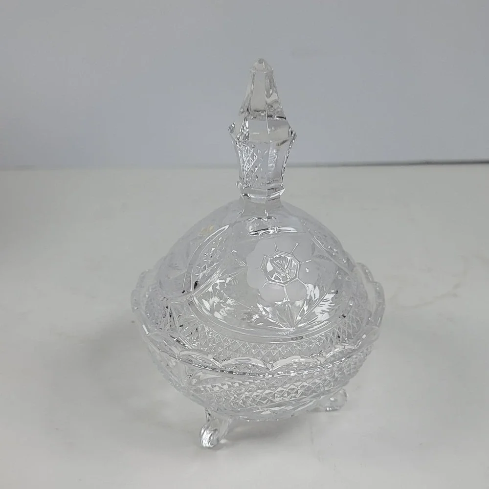 Vintage Pressed Glass Footed Candy Dish with Lid Frosted Rose Diamond Cut Clear